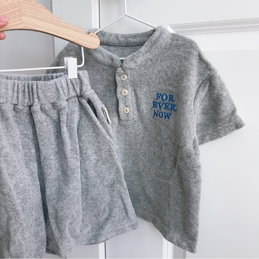 Gray Button-Up Shirt and Shorts Set